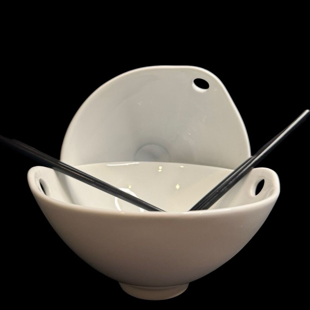 Set of 2 PIER 1 “KAI” Luminous White 7.5” Rice Noodle Bowls with Chopsticks